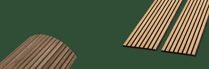 Plain green background with acupanel acoustic wood wall panelling in natural oak shown on the right and Flutto flexible tambour wood wall panelling in American Walnut in the Slat style shown on the right